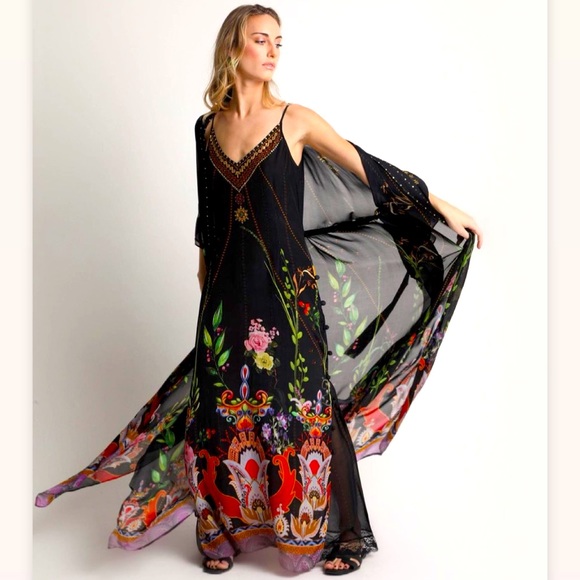 BLACK MAXI SLIP DRESS, SILK - Picture 1 of 5